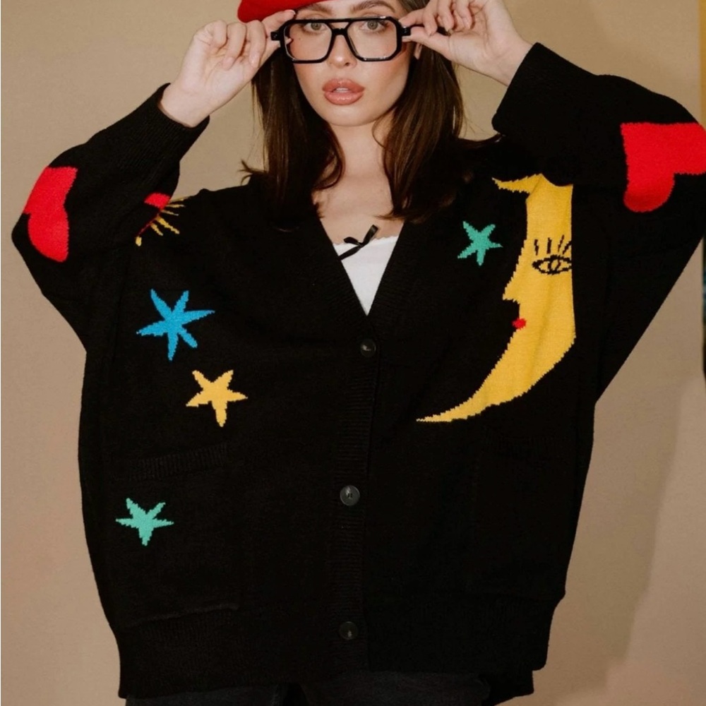 Dressed in LALA Black Moon & Stars Knit Cardigan with Red Heart Details